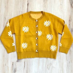 Mustard Daisy Cardigan Sweater Floral Knit Retro Cottagecore Soft Girl Indie 90s
